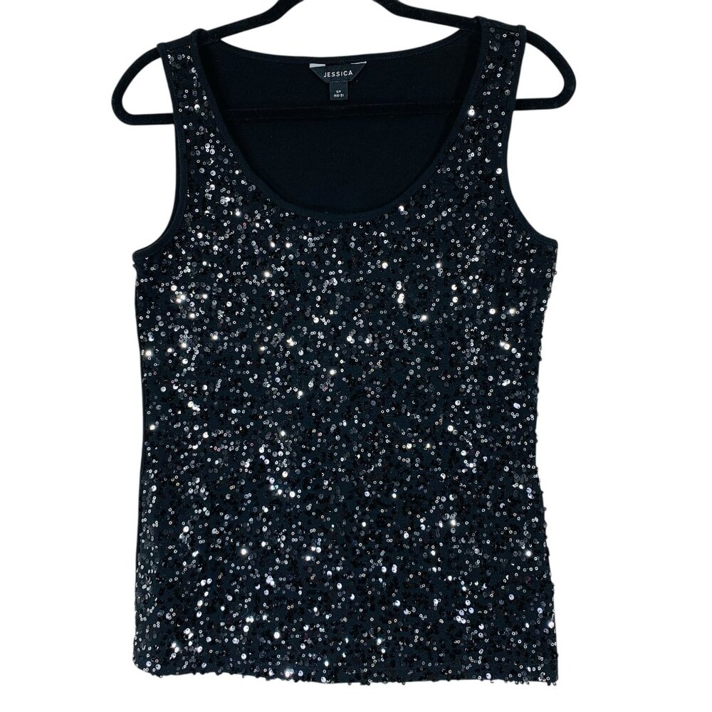 JESSICA Sequin Embellished Sleeveless Round Neck Tank Top black size small
